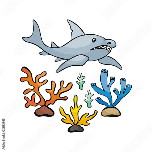 Image of lovely sea inhabitants in doodle style. Vector illustration isolated on a white background.
