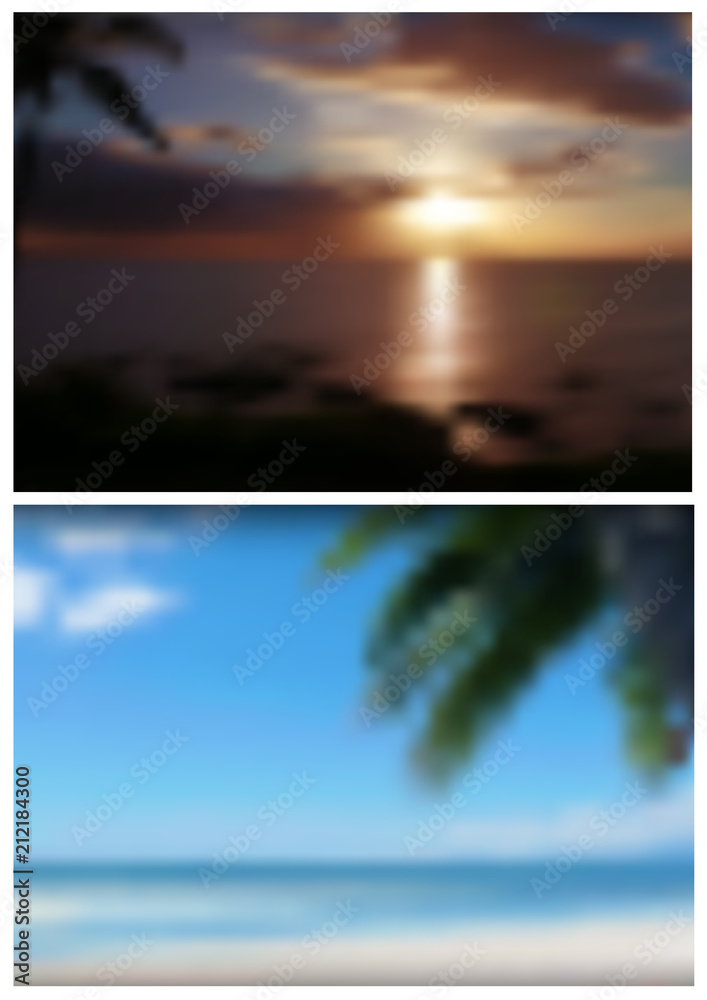 Fototapeta premium Two Blurred Tropical Backgrounds for Your Graphics Design - Palm Tree with Beach and Sea Illustration, Vector