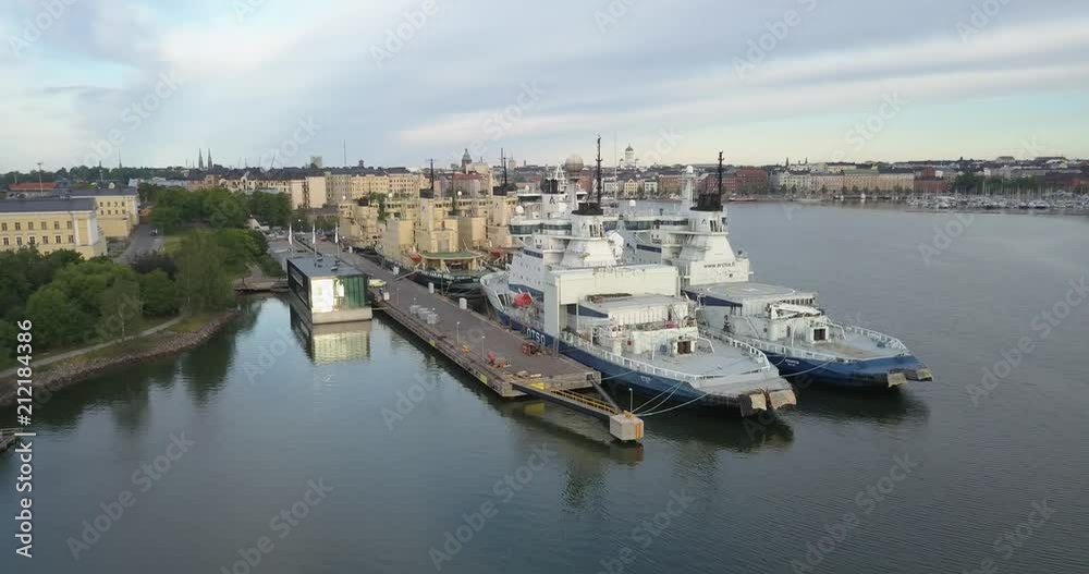 4K summer morning aerial video of Helsinki Katajanokka island anchoring area, water panorama and ships moored view in capital of Finland Suomi, northern Europe 4K summer morning aerial video of Helsinki Katajanokka island anchoring area, water panorama and ships moored view in capital of Finland Suomi, northern Europe