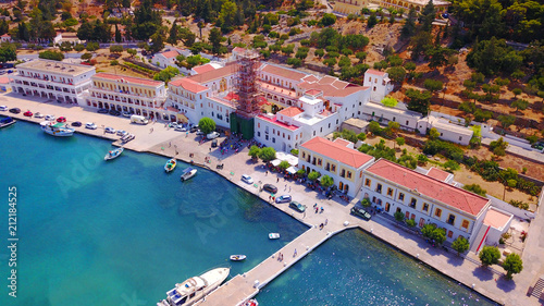 Aerial bird's eye view photo taken by drone from bay and iconic Monastery of Panormitis, Symi island, Dodecanese, Greece © aerial-drone