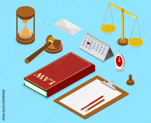 Workplace of judge or lawyer. Isometric illustration.