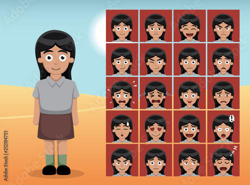 Arab Kid Girl Cartoon Emotion faces Vector Illustration
