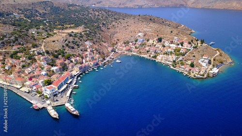 Aerial brid's eye photo taken by drone of Yalos, iconic port of Symi island, Dodecanese, Greece photo