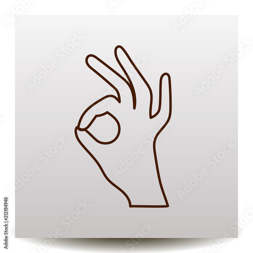 hand showing  okay ok  gesture line vector icon on a realistic paper background with shadow