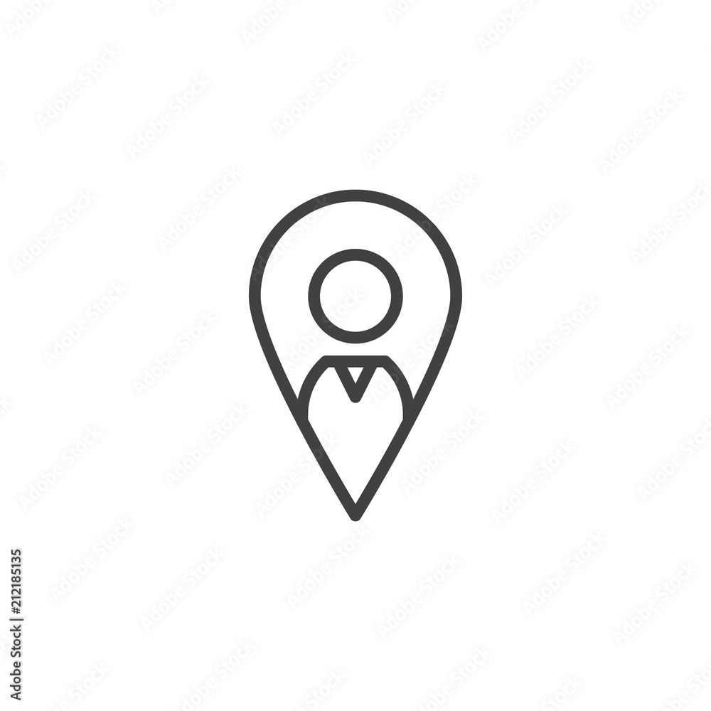 Man location pin outline icon. linear style sign for mobile concept and web design. Map pointer with person simple line vector icon. Symbol, logo illustration. Pixel perfect vector graphics Man location pin outline icon. linear style sign for mobile concept and web design. Map pointer with person simple line vector icon. Symbol, logo illustration. Pixel perfect vector graphics