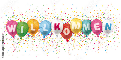 Willkommen Banner mit Luftballons und Konfetti