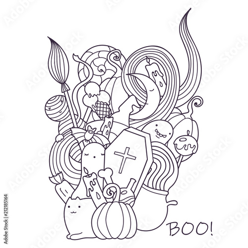 Halloween doodle illustration. Holiday art with cute characters and spooky objects.