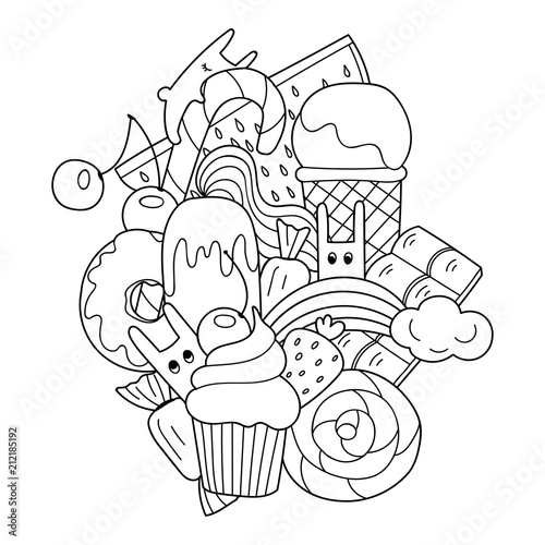 Vector doodle illustration. Sweets in cartoon style with ice cream, cupcake and cute rabbits. Food pattern for coloring book or design.