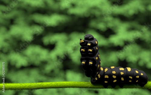 black caterpillar close green background , worm in nature, baby butterfly on leaf , sleep and stand on leaf 3D rendering  © TeacherX555