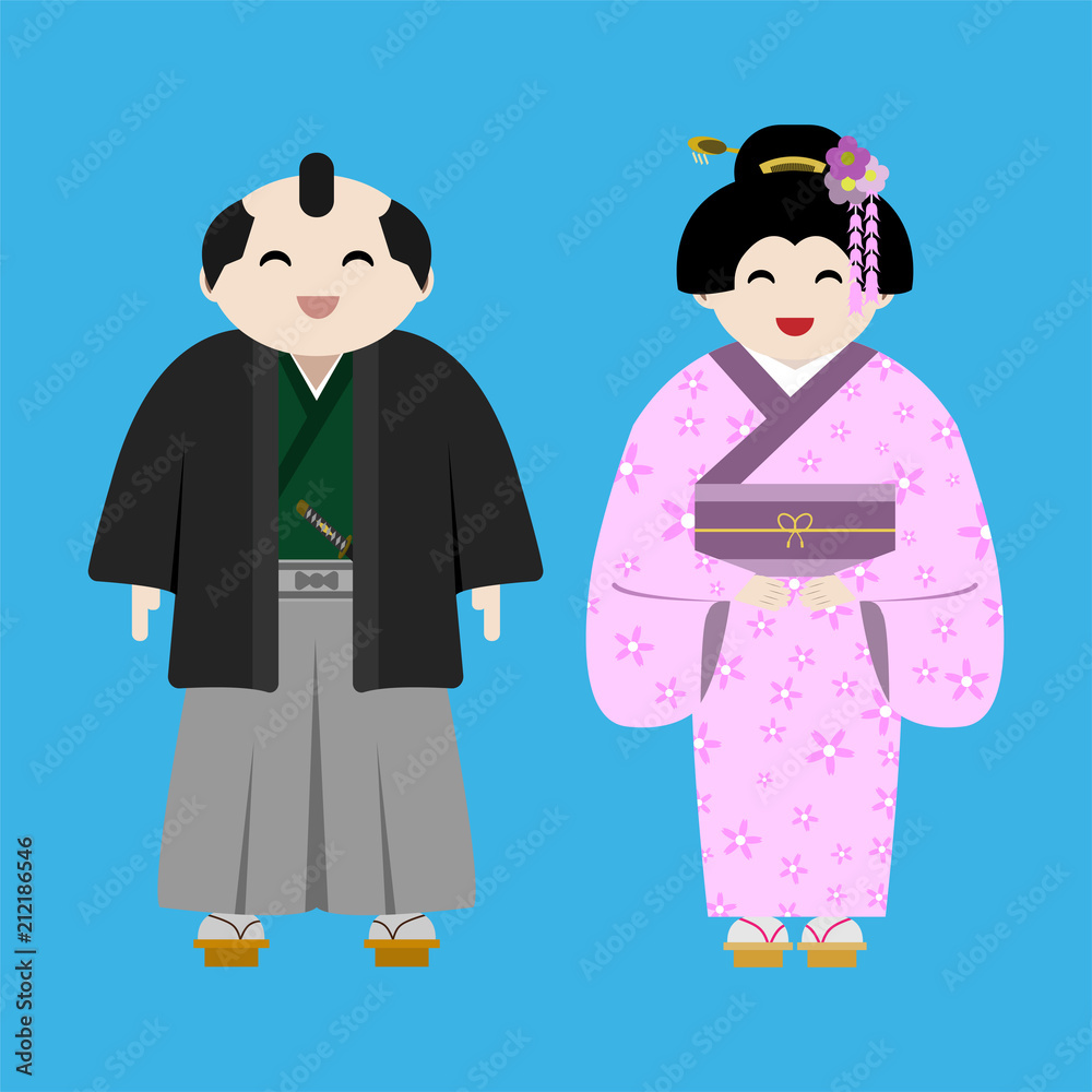 flat style cartoon character smiling japanese man and woman in tradition  costume on blue background vector Stock Vector | Adobe Stock