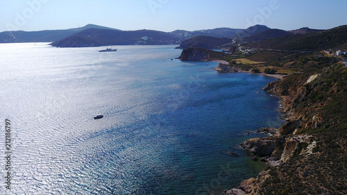 Aerial bird s eye view photo taken by drone of famous rocky beach of Livadi Geranou with turquoise clear waters  Patmos island  Greece