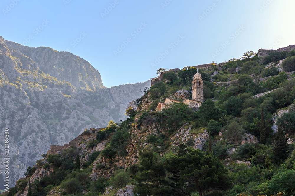 View on the Roman Catholic Church Our Lady of Remedy situated in a hill near the Kotor city, Montenegro