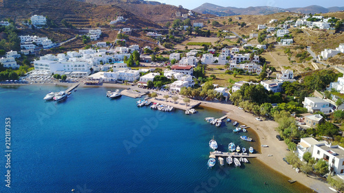 Aerial birds eye view photo taken by drone of Groikos one of the most beautiful natural bays in the world, Patmos island, Dodecanese, Greece © aerial-drone