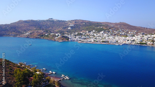Aerial birds eye view photo taken by drone of picturesque port of Patmos island called Skala, Dodecanese, Greece