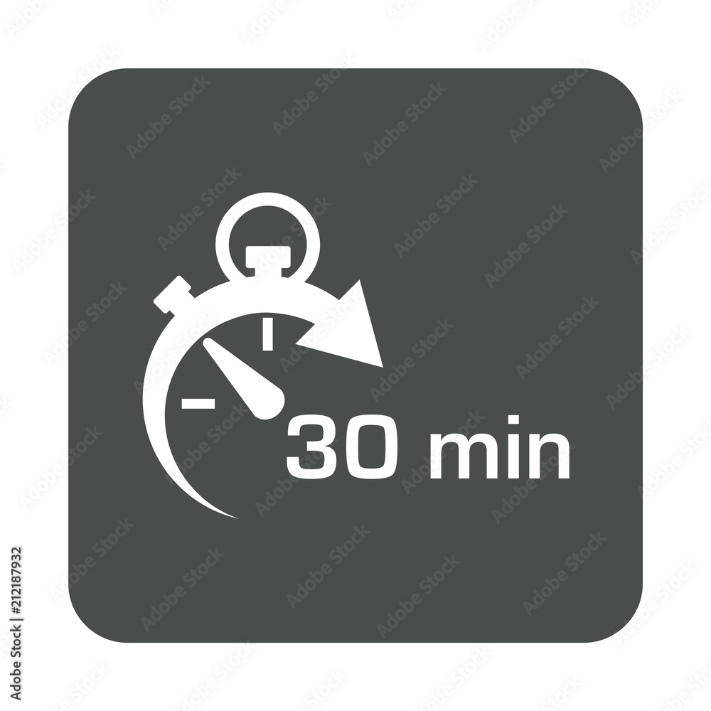 Icono plano cronometro con 30 min en cuadrado gris