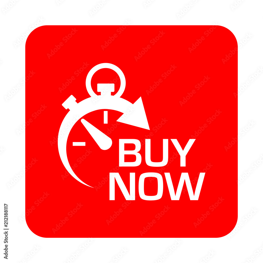 Icono plano cronometro con BUY NOW en cuadrado rojo Icono plano cronometro con BUY NOW en cuadrado rojo