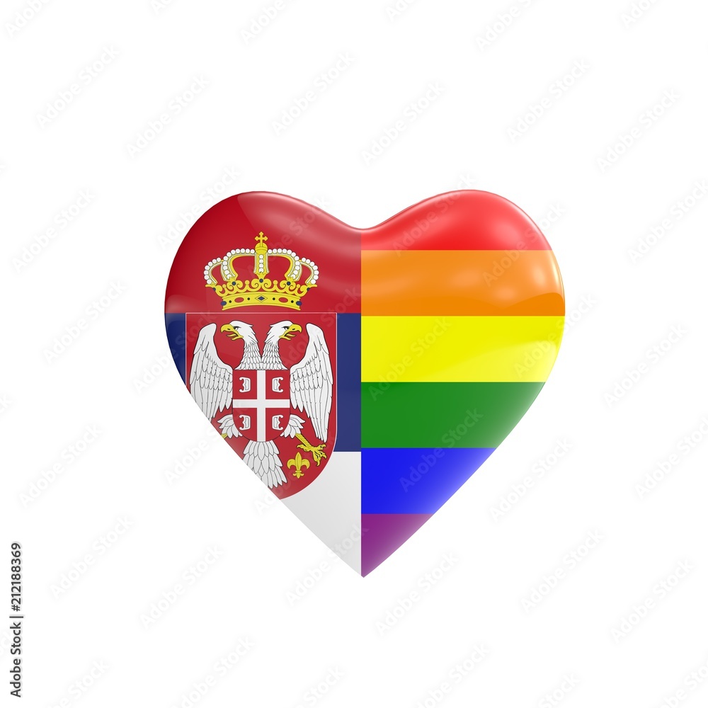 Obraz premium Serbia flag and gay LGBT rainbow flag heart shape. Gay rights concept. 3D Rendering