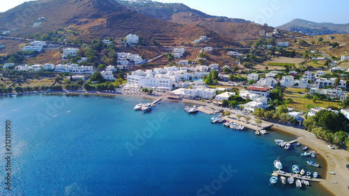 Aerial birds eye view photo taken by drone of Groikos one of the most beautiful natural bays in the world, Patmos island, Dodecanese, Greece