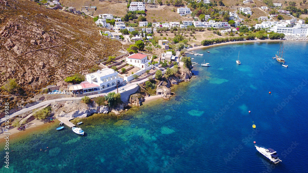 Aerial birds eye view photo taken by drone of Groikos one of the most beautiful natural bays in the world, Patmos island, Dodecanese, Greece