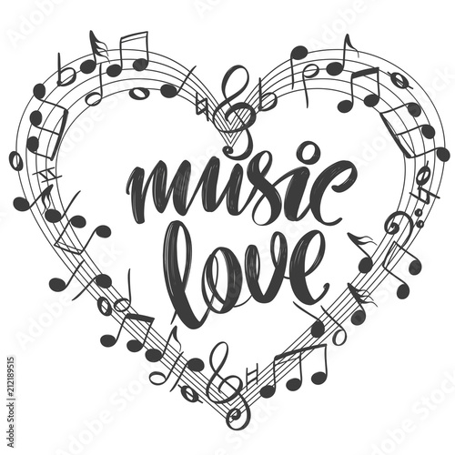musical notes in the form of a heart icon, love music, calligraphy text hand drawn vector illustration sketch