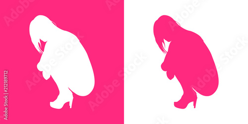 Icono plano silueta chica desnuda agachada perfil en rosa y blanco