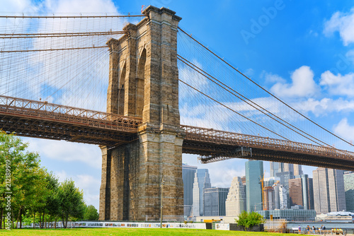 View Brooklyn Bridge from Empire Fulton Ferry State Park. New York, USA. photo