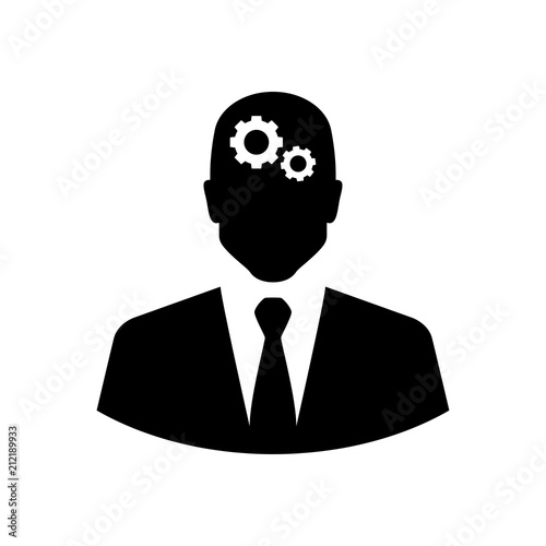 Icono plano hombre de negocios y engranajes en color negro
