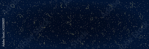 Abstract Panoramic Sky Map of Hemisphere. Constellations on Night Dark Background. Vector Illustration