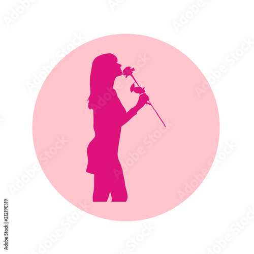 Icono plano silueta mujer con flor en circulo rosa
