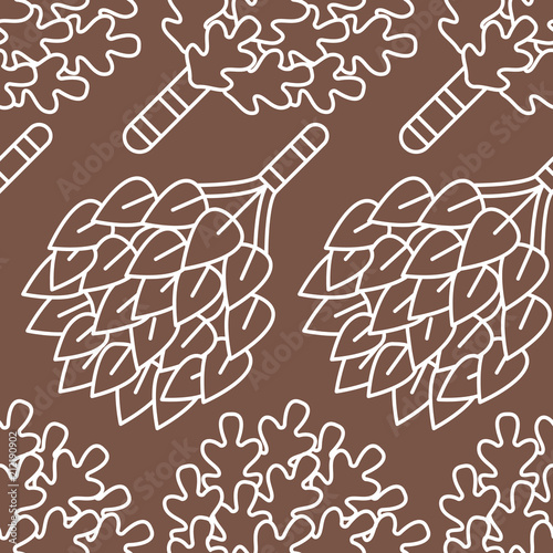 Sauna, steam bath room seamless pattern with line icons. Bathroom equipment birch, oak brooms. Finnish, russian banya. Health care brown background for spa center.