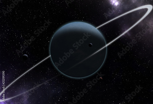 Fototapeta Naklejka Na Ścianę i Meble -  Unknown planet with rings in blue tones. Space exploration.