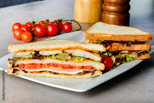 Delicious sandwiches with ham, tomatoes and cucumbers on the pla