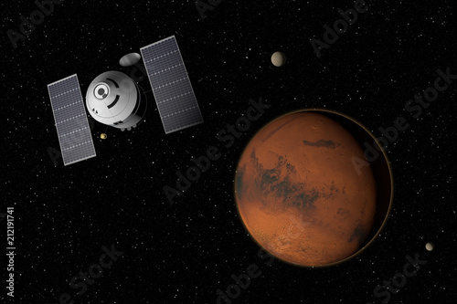Fototapeta Naklejka Na Ścianę i Meble -  Spacecraft flying to unknown planet, stars and nebula in outer space. Space exploration.