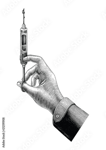Hand holding medicine syringe vintage clip art isolated on white background