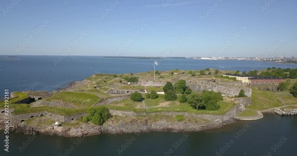 4K high quality summer morning aerial video of Helsinki Baltic Sea Finnish Bay lagoon area, sea skyline, Suomenlinna Island with forts and cannons near the capital of Finland Suomi, northern Europe 4K high quality summer morning aerial video of Helsinki Baltic Sea Finnish Bay lagoon area, sea skyline, Suomenlinna Island with forts and cannons near the capital of Finland Suomi, northern Europe