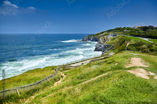 Pointe Saint Barbe of Saint jean de Luz, Basque Country. Atlantic Coast. Coastline, ocean waves, hill, green grass and pathway. Commune in the Pyrenees-Atlantiques department in south-western France