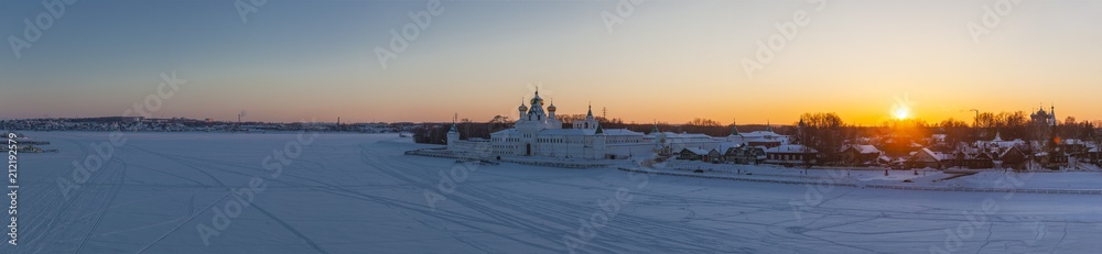 Russian Orthodox monastery in winter sunset