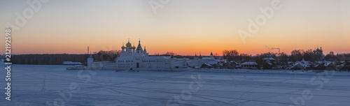 Russian Orthodox monastery in winter sunset