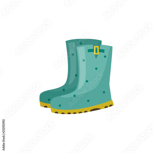 Pair of rubber boot in turquoise color - waterproof autumn footwear for seasonal design in flat style. Isolated vector illustration of gumboots for protection against water and puddles.