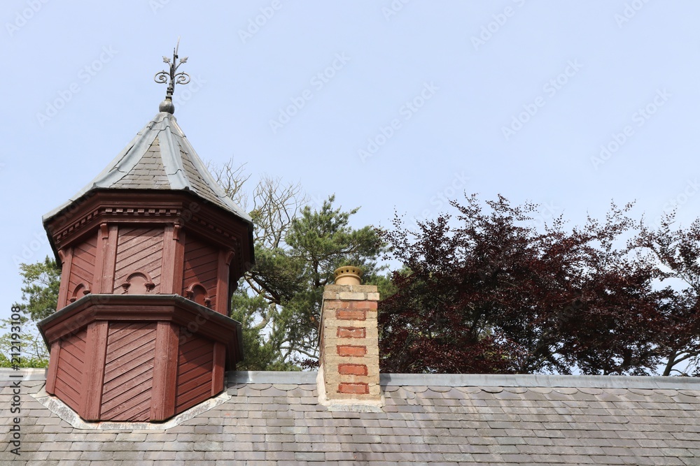 Obraz premium Old brick tower with weathervane and brick chimney stack with trees in background