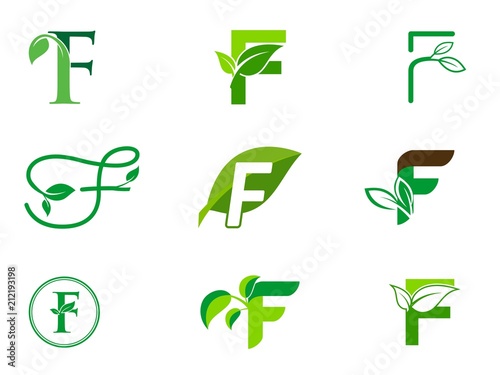 leaf initials F logo set, natural green leaf symbol, initials F icon design