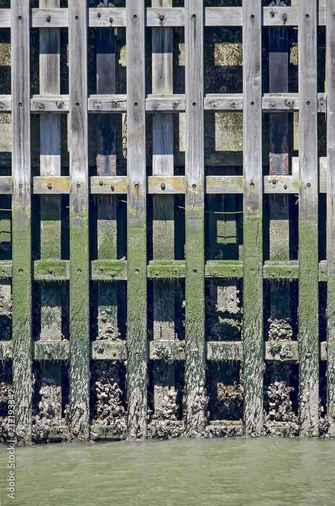 Close-up of a part of the piled fendering in the ferry harbour of Breskens, The Netherlands Close-up of a part of the piled fendering in the ferry harbour of Breskens, The Netherlands