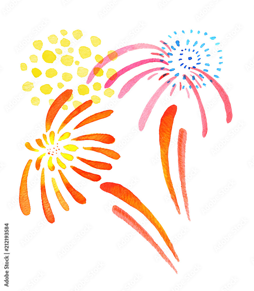Hand drawn watercolor illustration with isolated color stylized fireworks