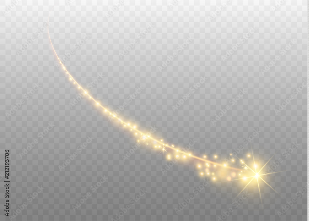 Abstract vector glowing magic star light effect from the neon blur of curved lines. Glittering stars dust trail from the side.flying comet on a transparent background - obrazy, fototapety, plakaty 