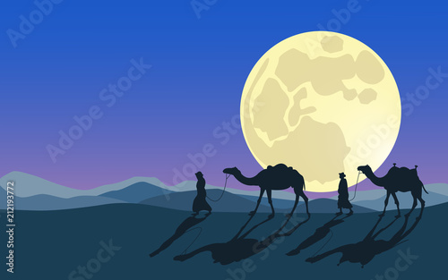 Men and camels do across desert in moonlight. Cartoon hand made vector eps10 illustration.  