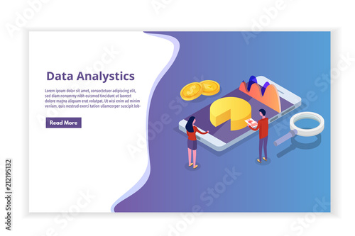Data analysis, search engine optimization, site position isometric concept. Landing page template. Vector illustration.