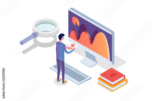 Data analysis, search engine optimization,  site position isometric concept. Vector illustration.