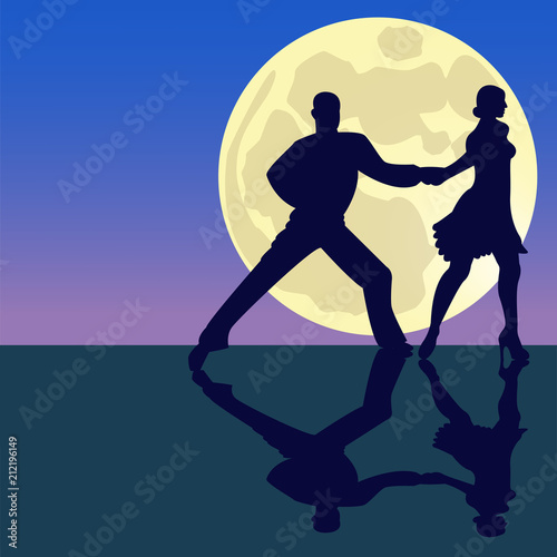 Latina dancing silhouettes in moonlight. Full supermoon. Vector illustration.
