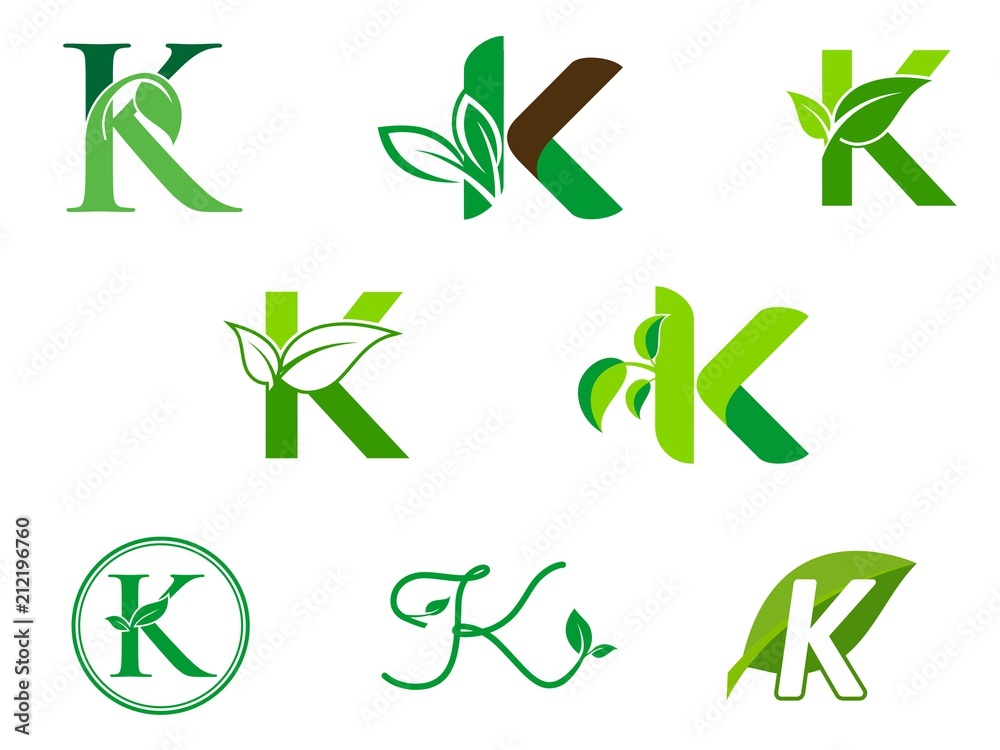 leaf initials K logo set, natural green leaf symbol, initials K icon design leaf initials K logo set, natural green leaf symbol, initials K icon design