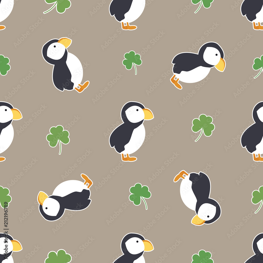 Obraz premium Irish shamrock, clovers, puffins pattern.